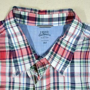 IZOD Saltwater Mens 2XLT Plaid Short Sleeve Button Down Shirt Red Blue Multi